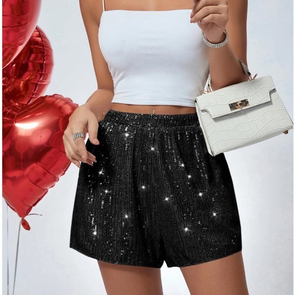 Pants - Black Sequin High Waist Shorts